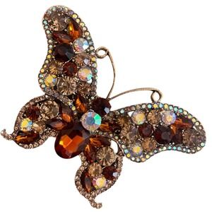 Vintage Amber Rhinestone Butterfly Brooch/Pin Gold Tone Aurora Borealis Sparkle